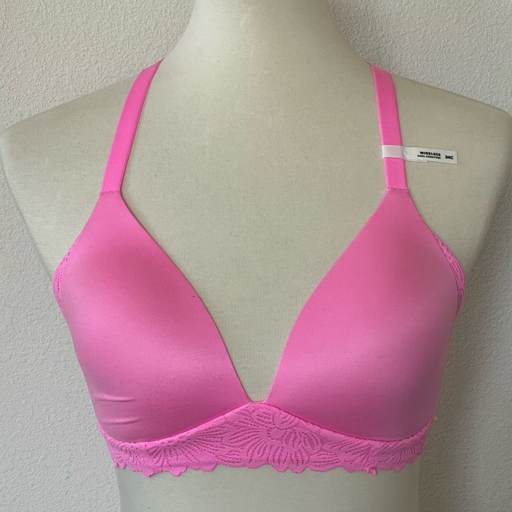 🆕 aerie Real Good Real Sunnie Wireless Racerback Bra 34C Pink Lace Trim